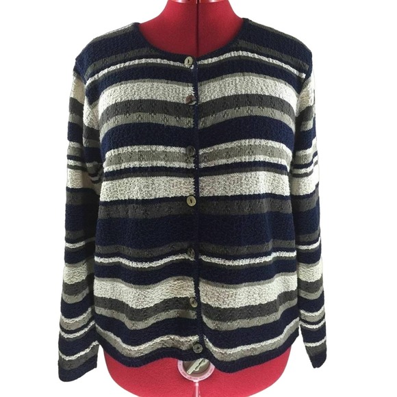 Reba Rose Striped Cardigan Sz L Cotton Like Acrylic Knit Boho Sweater Vtg USA - Picture 1 of 8